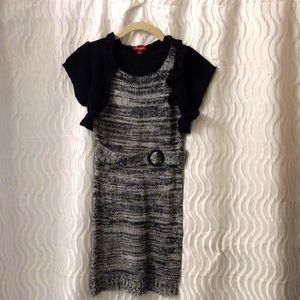 Girls L 14 -16 black gray silver sweater dress faux cardigan metallic
